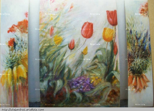 TULIPANES Mixed media Panel Floral Painting