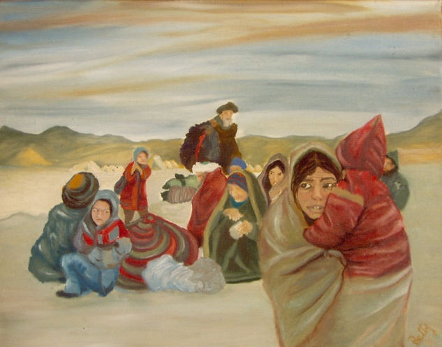 REFUGIADOS. Óleo Lienzo Paisaje