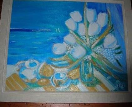 florero y mar Oil Canvas Landscaping