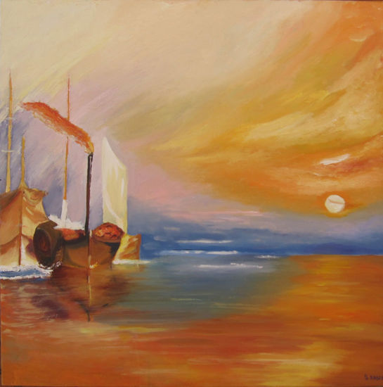 Barcos. Inspirado en El Temerario Remolcado, de Joseph Turner Oil Canvas Marine Painting