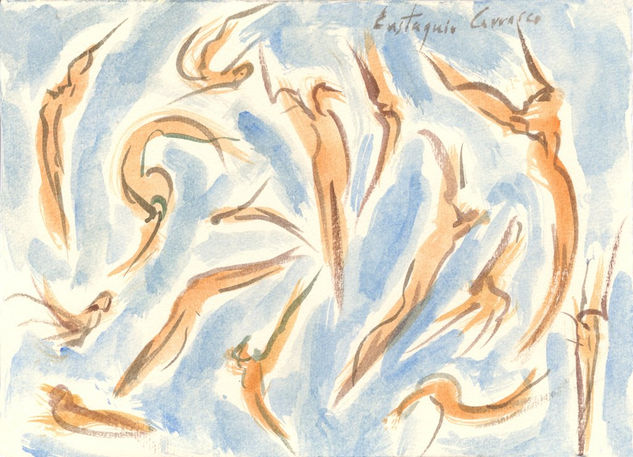 Acrobacias en el aire, (Acrobatics in air) Watercolour Paper Nude Paintings