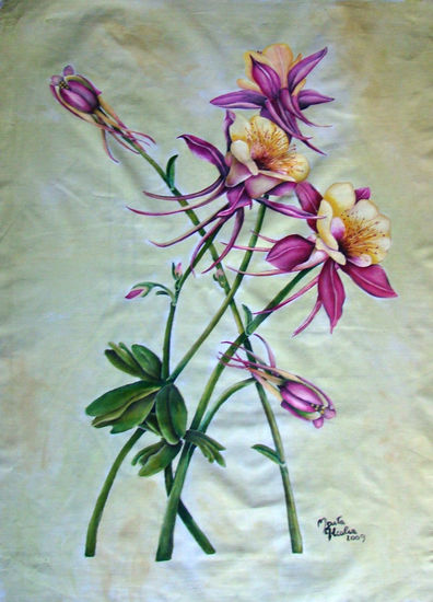 Aquilegias danzarinas Acrylic Textile Floral Painting