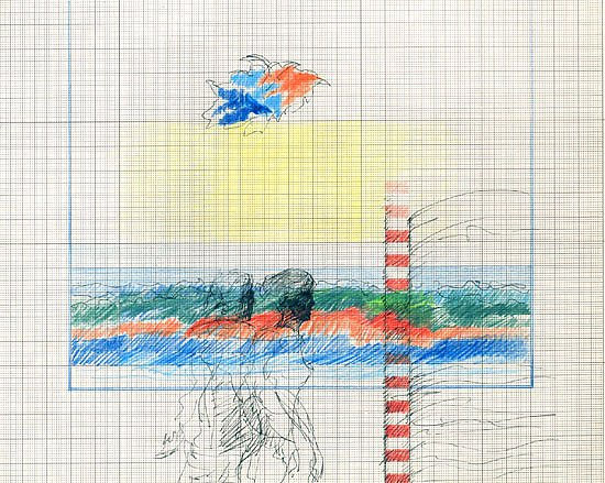 Casal praia e pássaros Pencil (coloured) Paper Landscaping