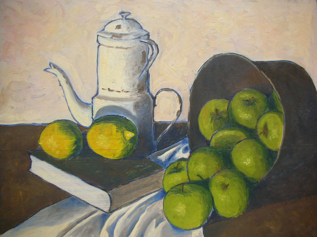 COMPOSICIÓN CON MANZANAS VERDES Oil Panel Still Life Paintings