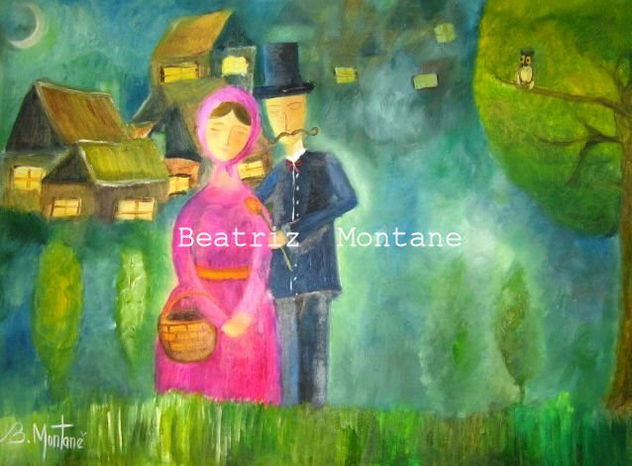 encuentro nocturno, amantes, noche, bosque, buho, pareja, amor