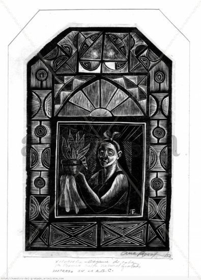 mujer en la ventana Woodcut