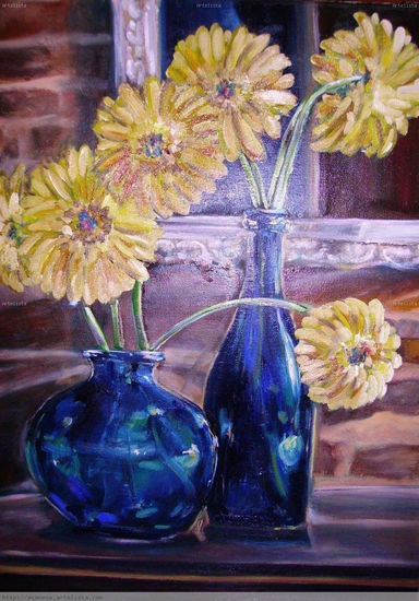 "Flores amarillas en cristal azul" Oil Canvas Floral Painting