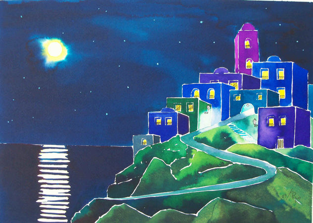 luna llena Acuarela Papel Paisaje