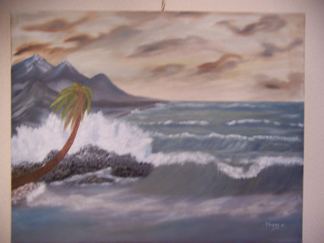 El romper de las olas sobre la palmera Oil Canvas Landscaping