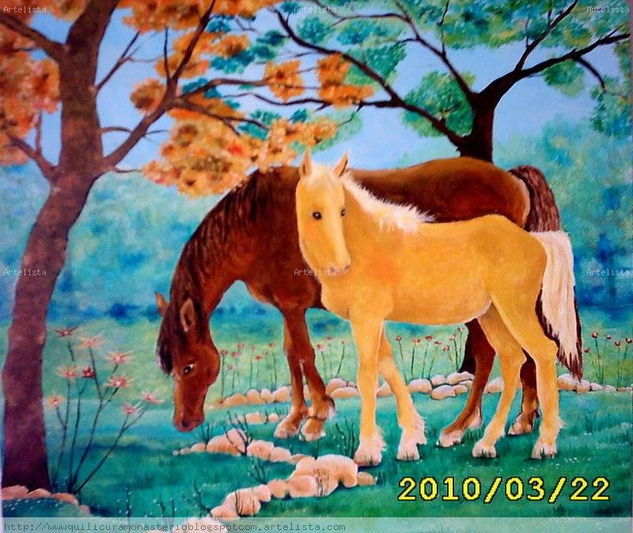 caballos pastando Óleo Tabla Animales