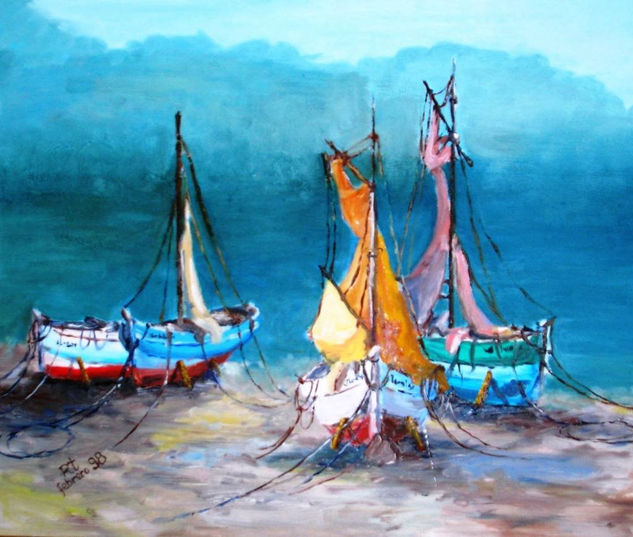 Barcos en la playa Oil Canvas Marine Painting