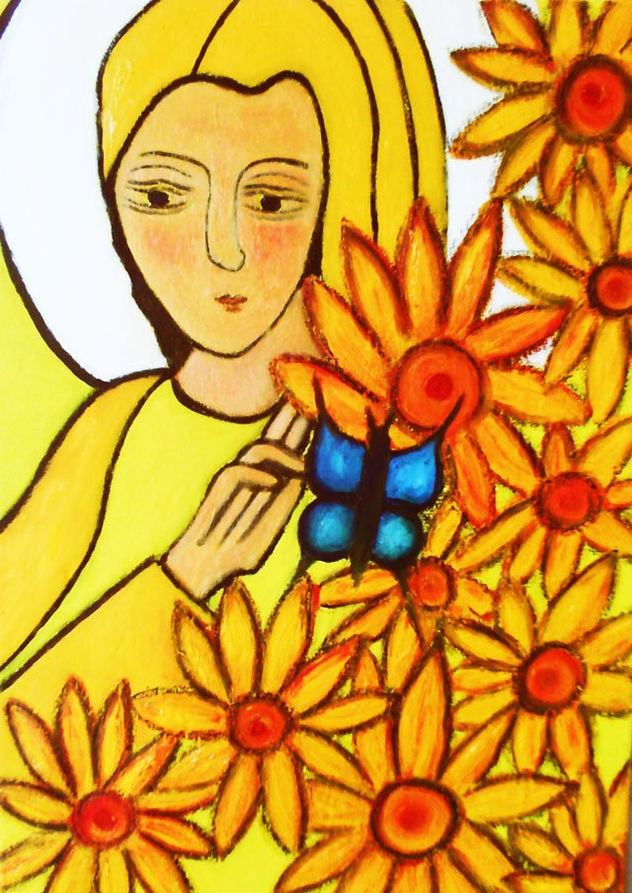 La Virgen de Girasoles y un Butterfly blau