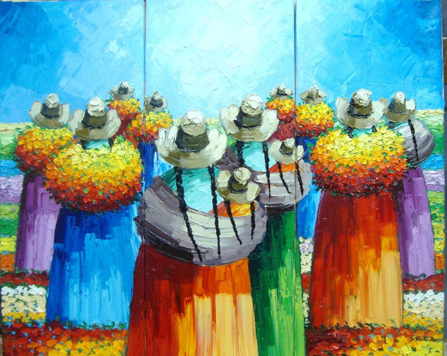 triptico(cholitas) Oil Canvas Landscaping