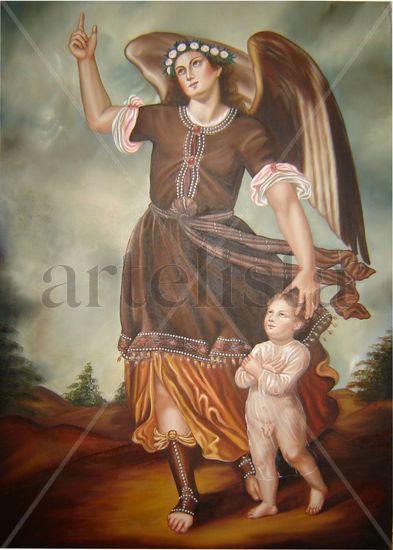 El Angel de la Guarda Oil Canvas Figure Painting