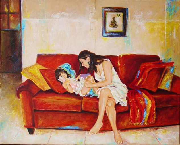 VALERIA Y VICTORIA en el sofa. Óleo Lienzo Figura