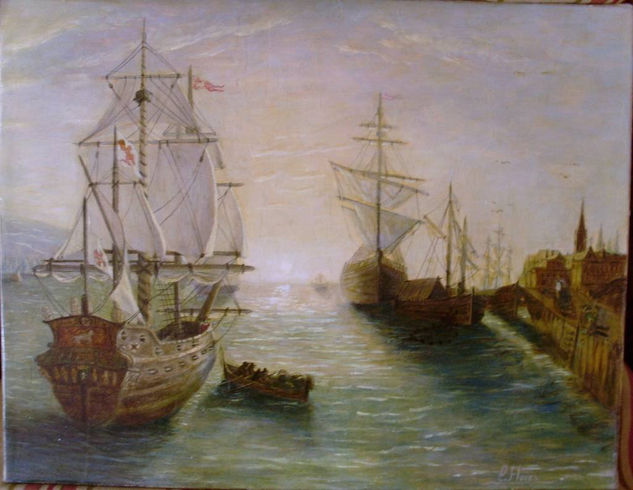 ANTIGUO PUERTO HOLANDÉS Oil Canvas Marine Painting