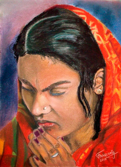 Mujer Hindú Pastel Papel Retrato