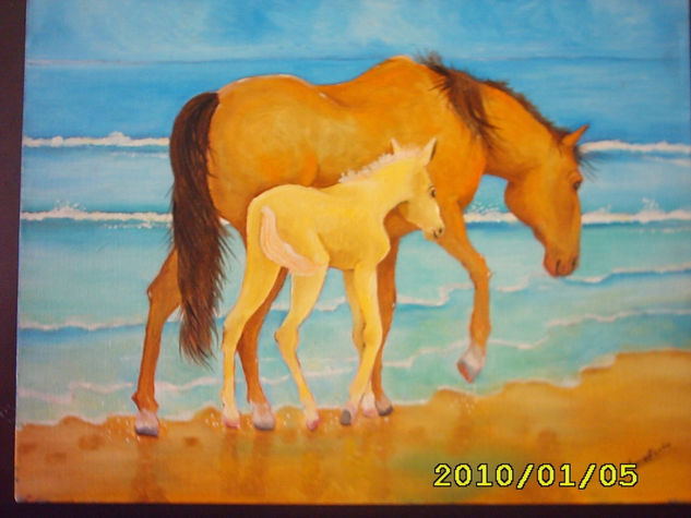 paseo por la playa  ( caballos ) Óleo Tela Animales