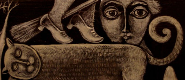 La bruja, el gato, un extraño animal y la noche (detalle)