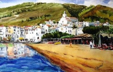 Cadaqués . Playa Acuarela Papel Paisaje