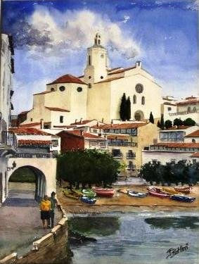 Cadaques . Vista de la Iglesia Watercolour Paper Marine Painting