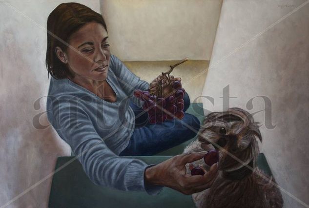 Uvas para un perro que mira. Óleo Lienzo Retrato