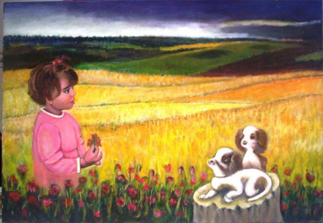 la niña y los perritos Oil Canvas Landscaping