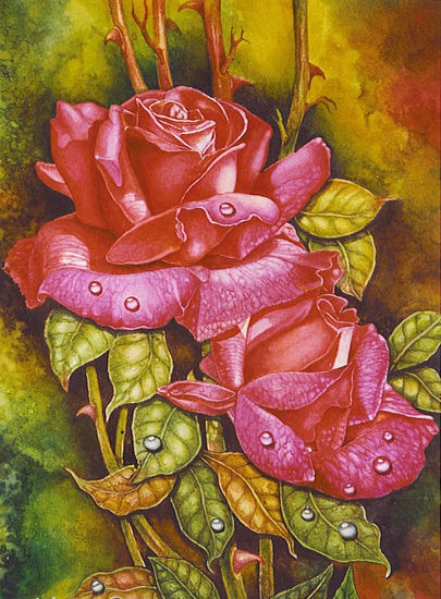 Ramillete de Rosas Rojas Acuarela Papel Paisaje