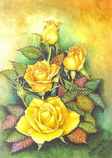 Ramillete de  Rosas Amarillas Acuarela Papel Floral