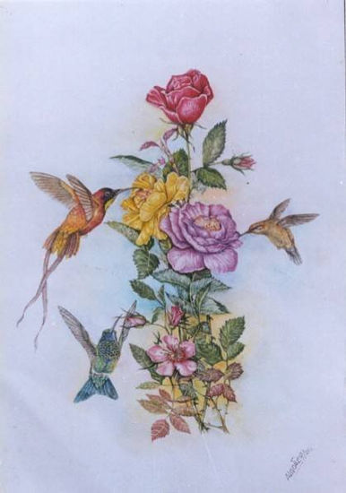 Colibris en Rosal Acuarela Papel Floral