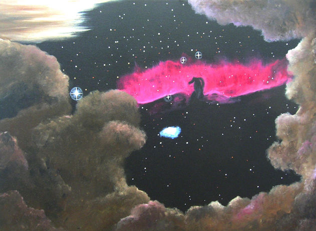 nebulosa "cabeza de caballo",vista entre las nubes de un planeta imaginario. Acrylic Canvas Landscaping