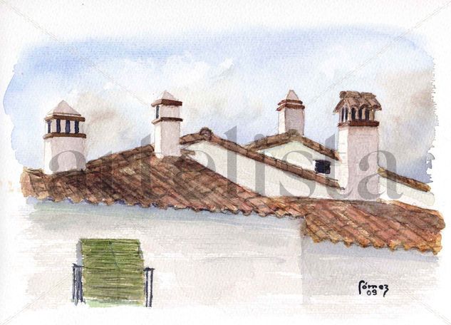 Chimeneas Acuarela Papel Paisaje