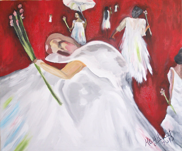 Damas de Blanco sobre fondo rojo 