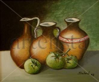 Tres Tomates Verdes Oil Textile Still Life Paintings