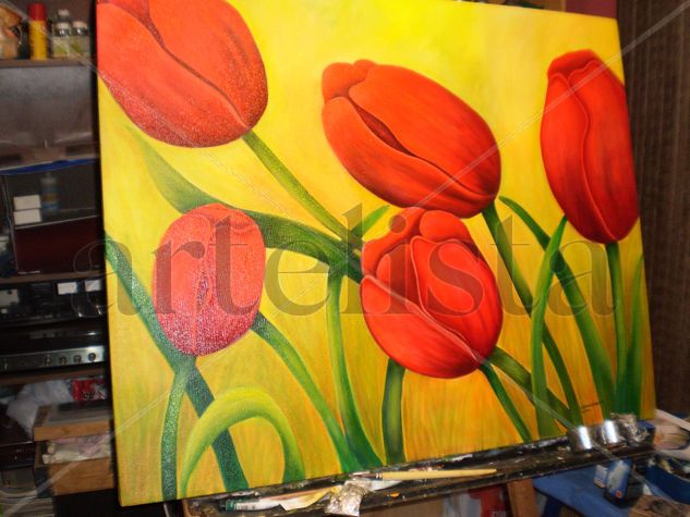 Tulipanes calidos Oil Canvas Floral Painting