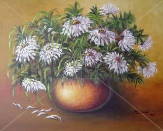 Cristantemos Blancos II Oil Textile Floral Painting