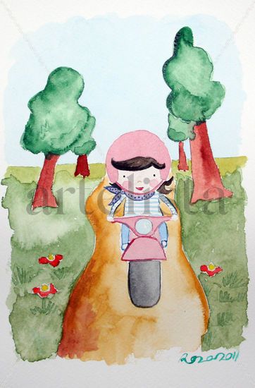 Vespa Rosa Acuarela Papel Figura