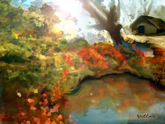 PAISAJE IMAGINARIO CON RANCHO, versión 5 CON FLORES