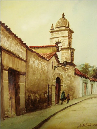 saliendo de la iglesia Watercolour Canvas Others