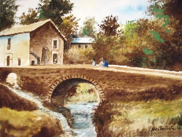 cruzando el puente Watercolour Card Landscaping