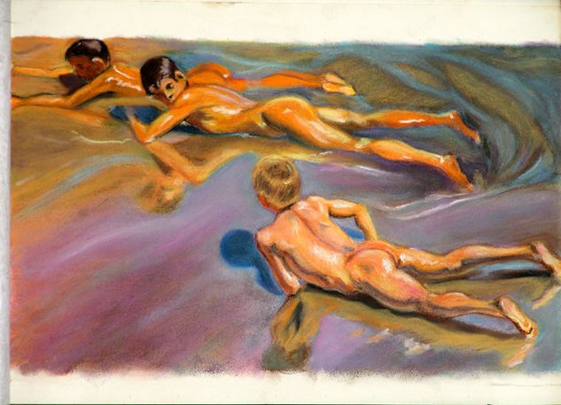 Niños en la playa Pastel Paper Nude Paintings