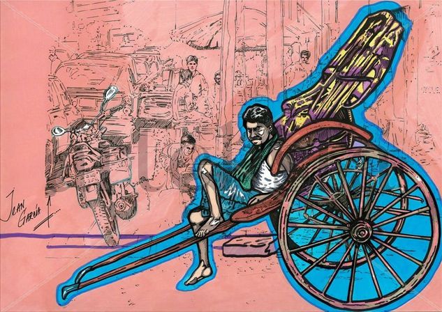 HUMAN TAXI IN BOMBAY Mixed Media