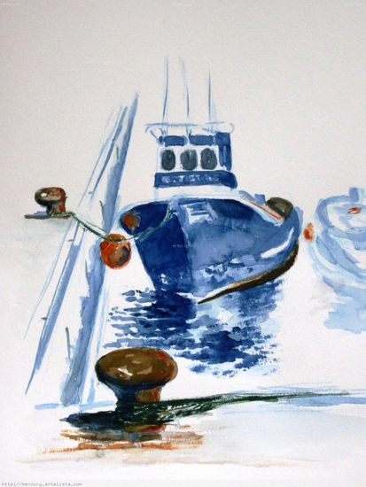 BARCO EN EL MUELLITO Watercolour Paper Marine Painting