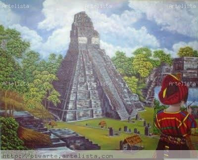 NIÑA MAYA PINTANDO TIKAL Acrílico Tela Paisaje