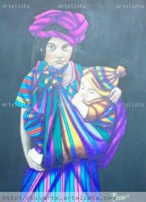 NIÑA MAYA CARGANDO BEBE Acrylic Textile Figure Painting