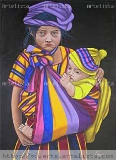 NIÑA MAYA CARGANDO BEBE Acrylic Textile Figure Painting