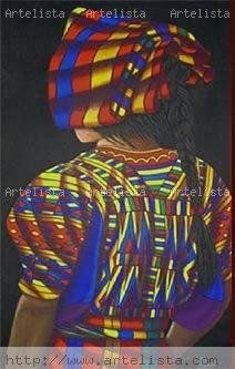 NIÑA MAYA DE ESPALDAS Acrylic Textile Figure Painting