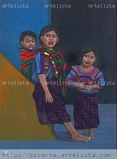 NIÑOS MAYAS EN LAS ESCALERAS Acrylic Textile Figure Painting