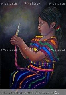 NIÑA MAYA CON CANDELA EN LA MANO Acrylic Textile Figure Painting