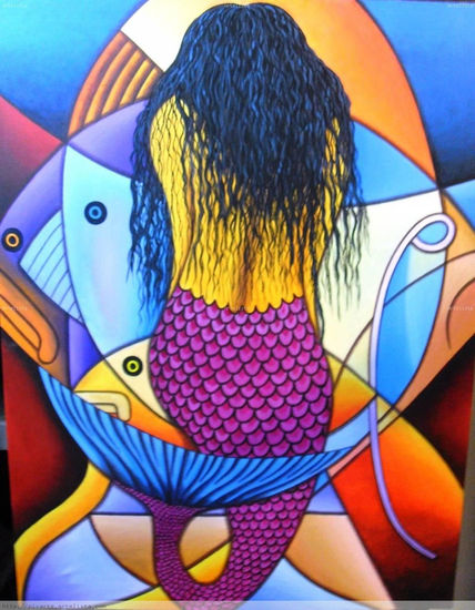 SIRENA CON PECES Acrylic Textile Marine Painting